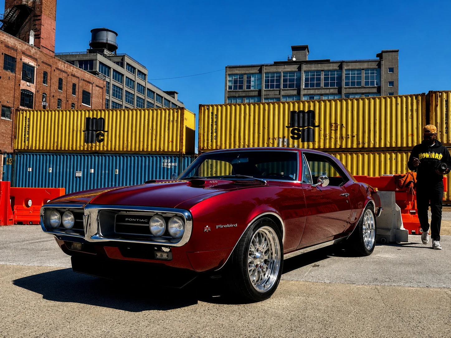 Classic Firebird near containers and dockside infrastructure