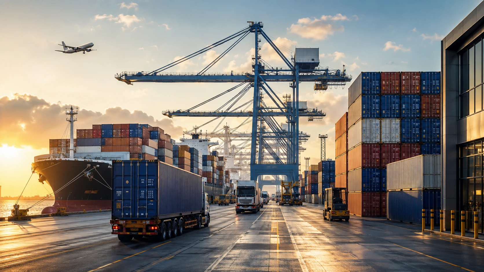 Container port operations at golden hour