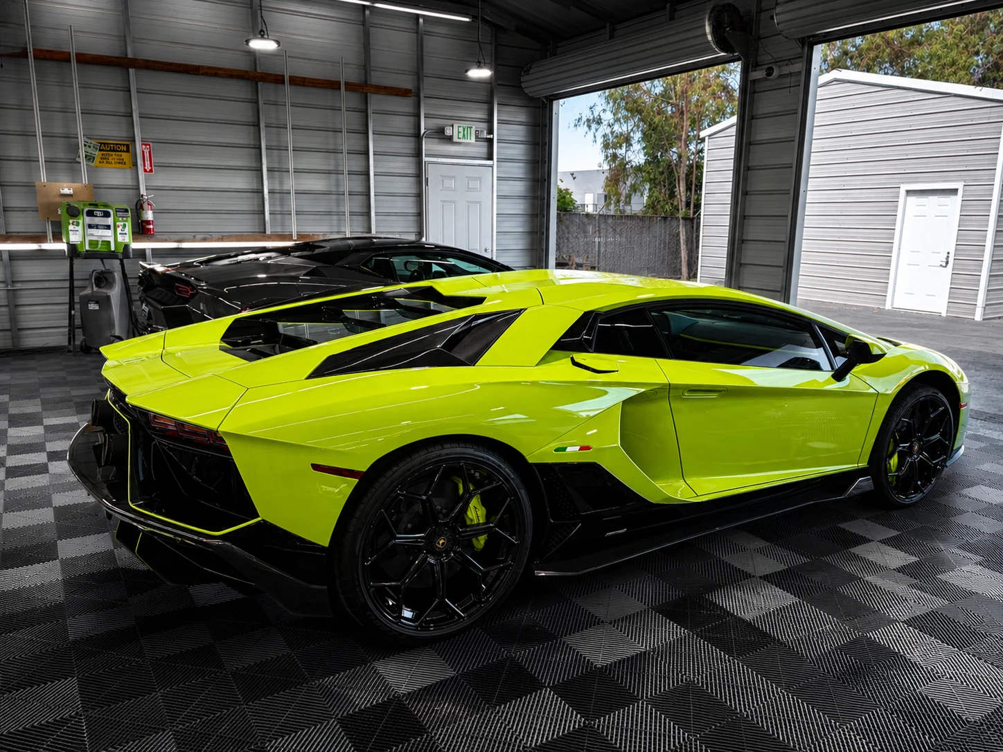 Lime green performance supercar in a premium garage