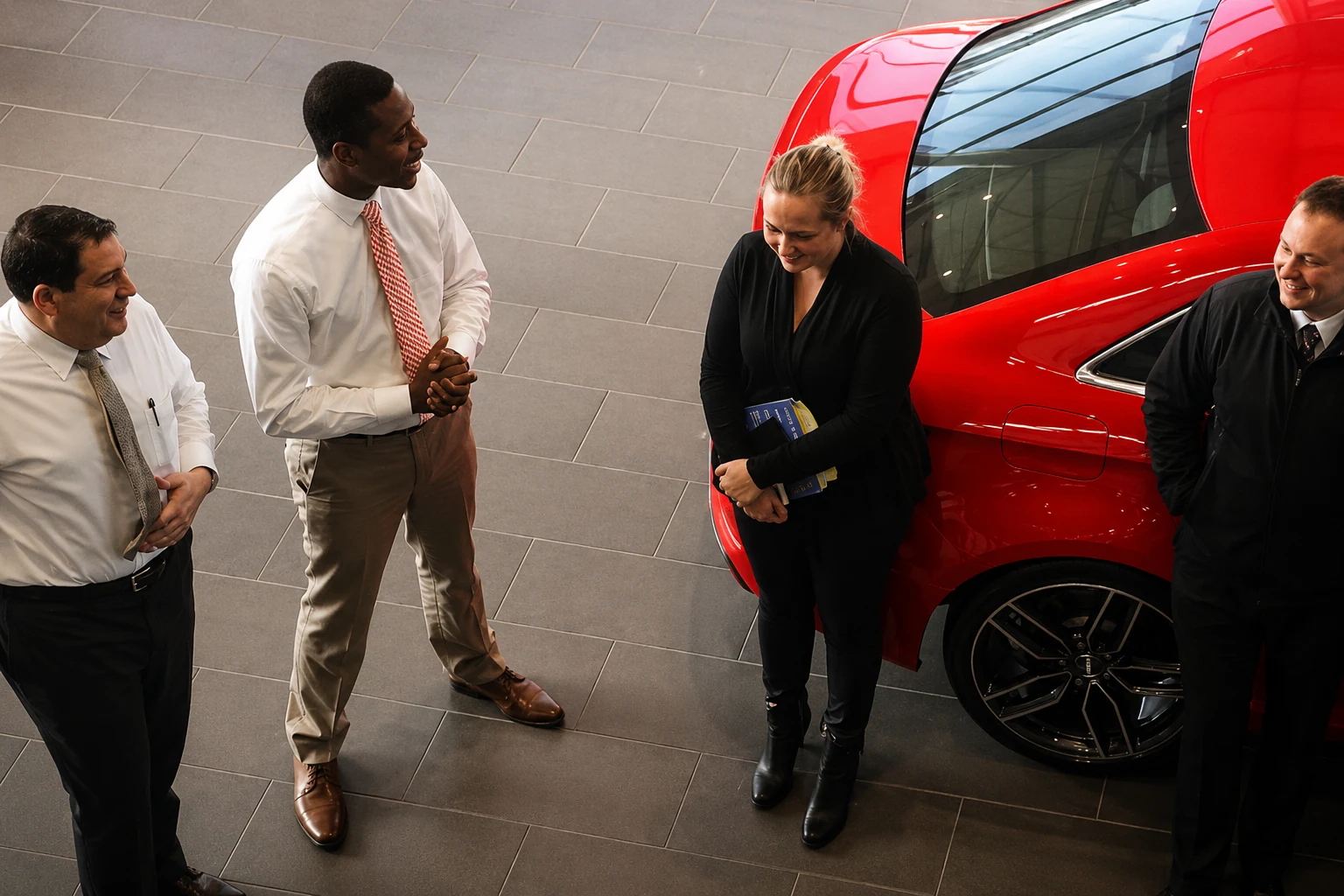Professional showroom consultation beside a premium vehicle